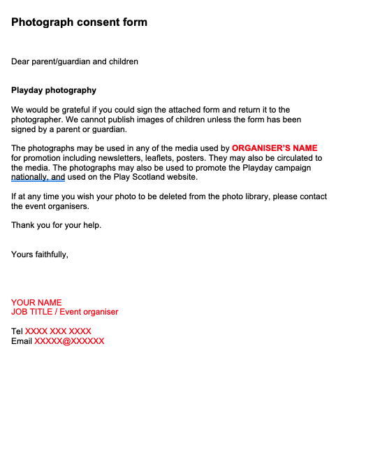 Sample Playday Photo Consent Form